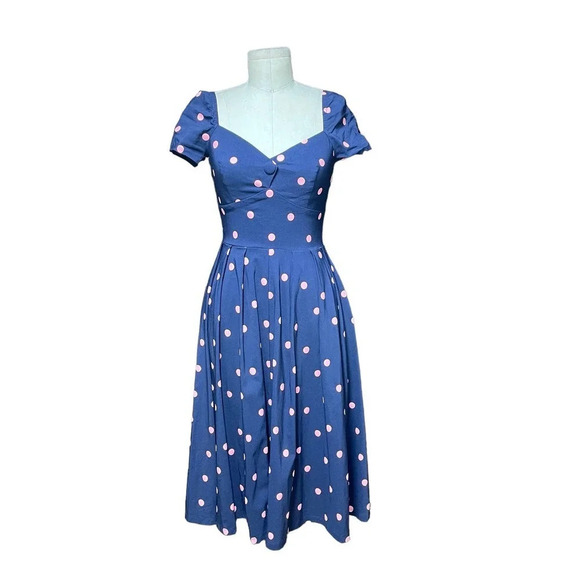 Unique Vintage Polka Dot Fit & Flare Dress Blue Pink Size Small - Picture 1 of 11
